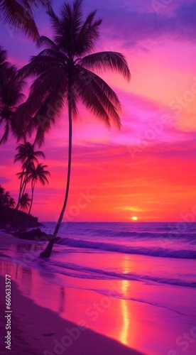 sunset on the beach, sunset over the sea, tropical sunset with trees © Gegham