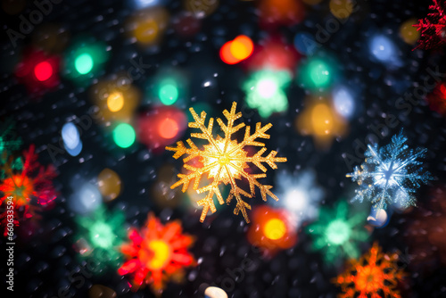 Beautiful Christmas background with bright flowers, snowflakes and bokeh effect. © Evgeniya Uvarova