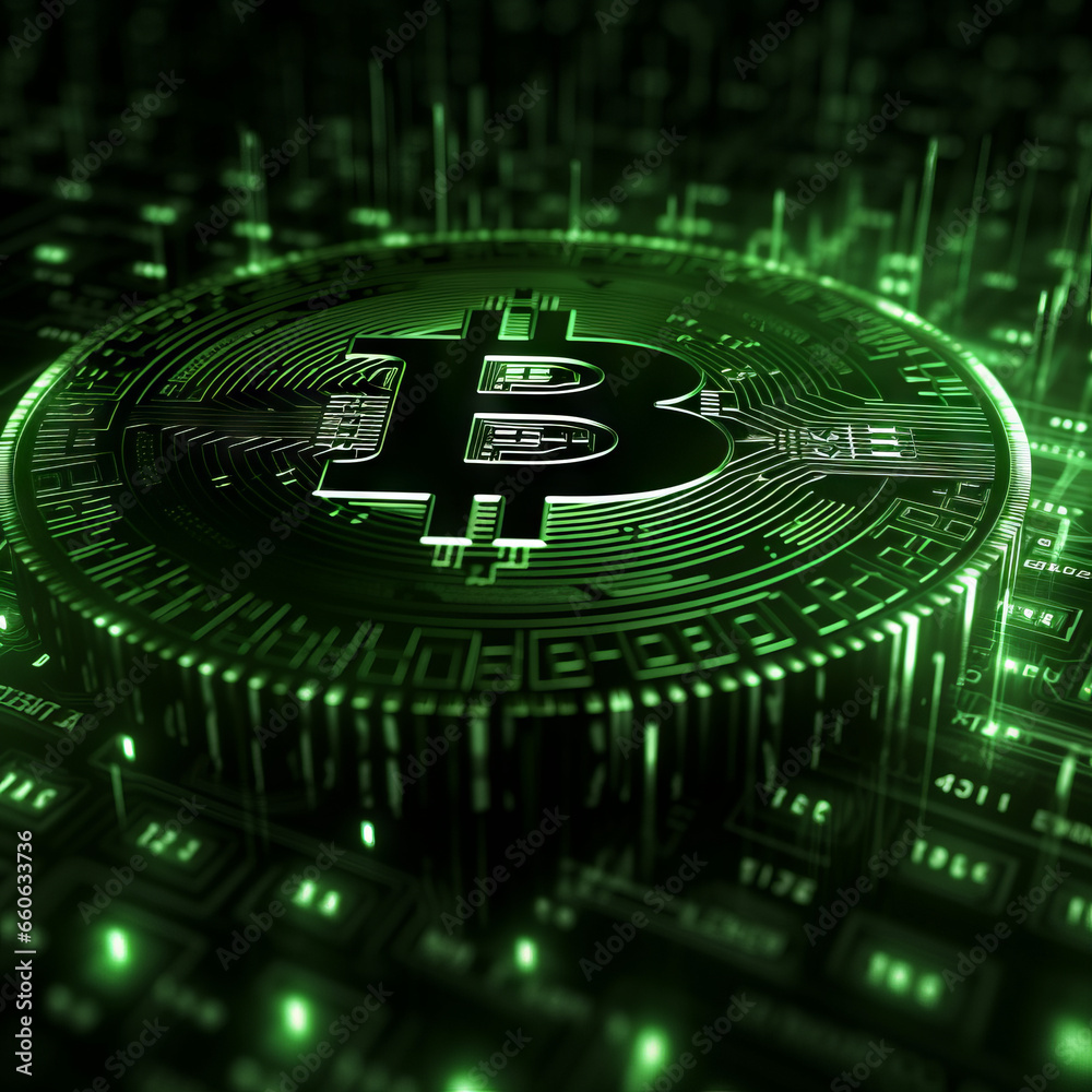 bitcoin in the background a binary code in green bitcoin in the background a binary code in green