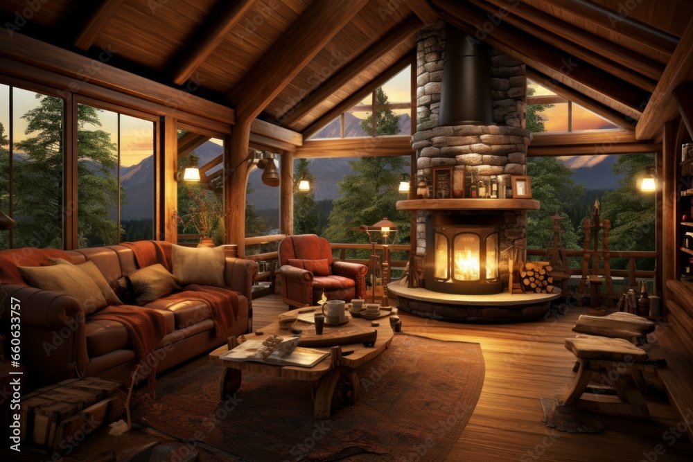 Well-lit Cabin home interior. Luxury house. Generate AI