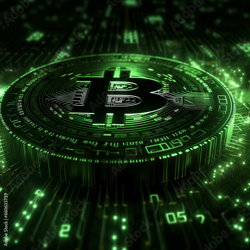 Abstract futuristic cyberspace with binary code and bitcoin coin, matrix background with digits, well organized layers