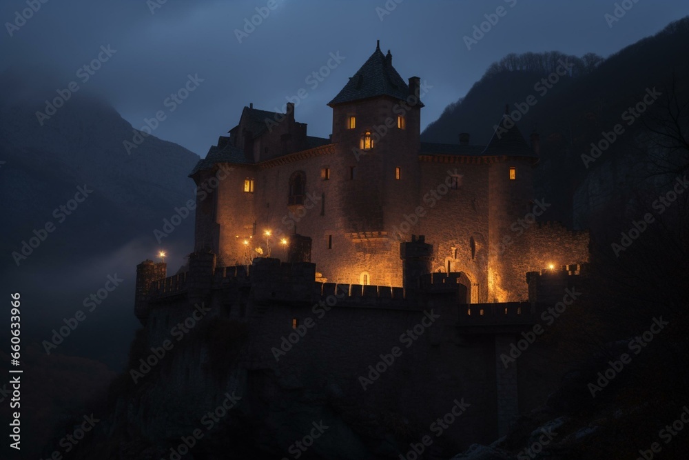 Mountainous castle with candlelit windows. Generative AI