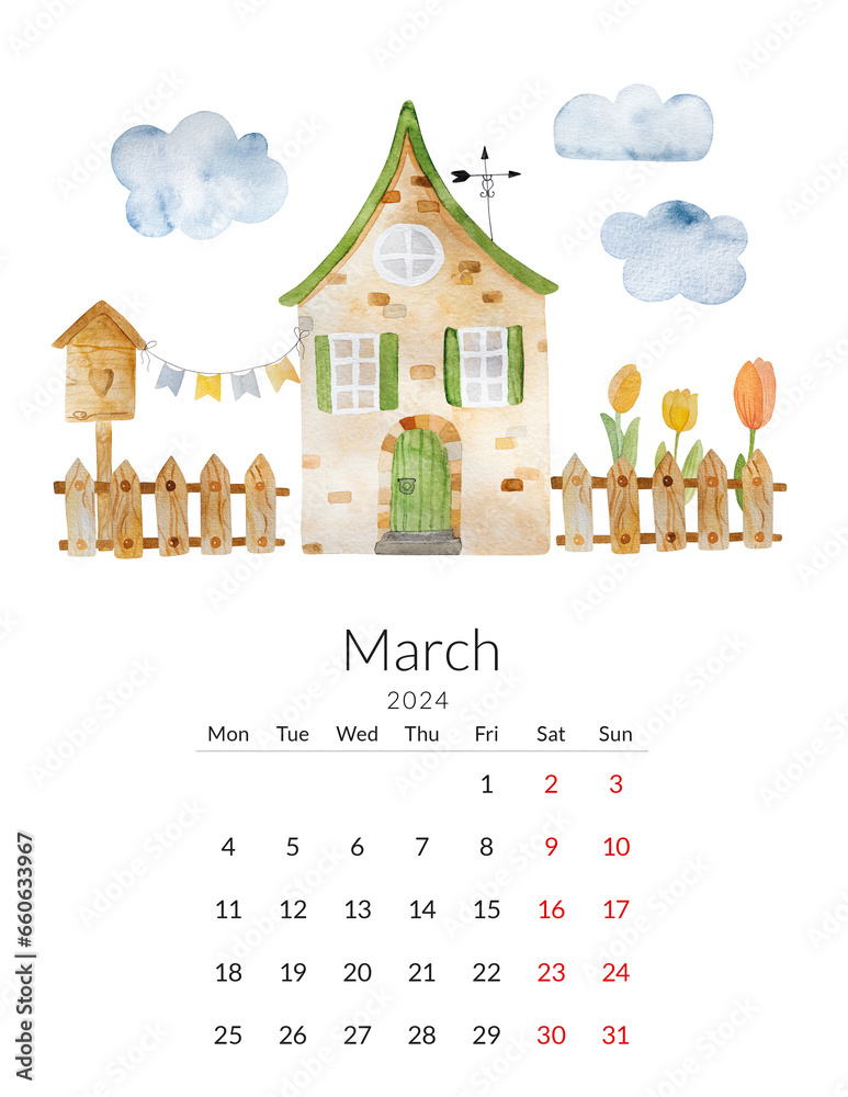 March 2024 calendar. Handmade watercolor - spring street with a house, fence and birdhouse