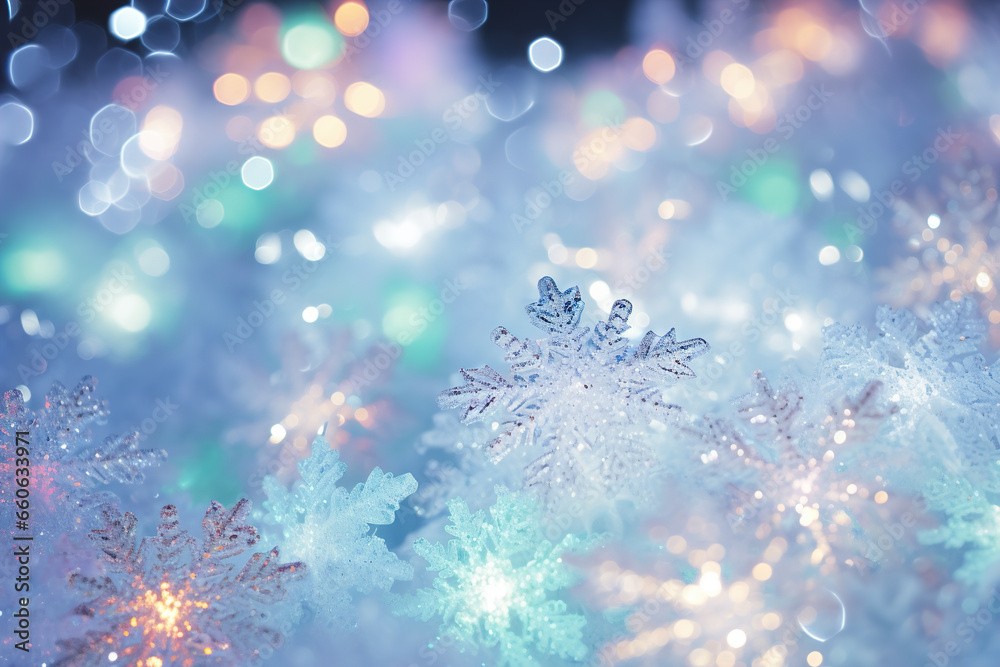 Beautiful Christmas background with bright flowers, snowflakes and bokeh effect.
