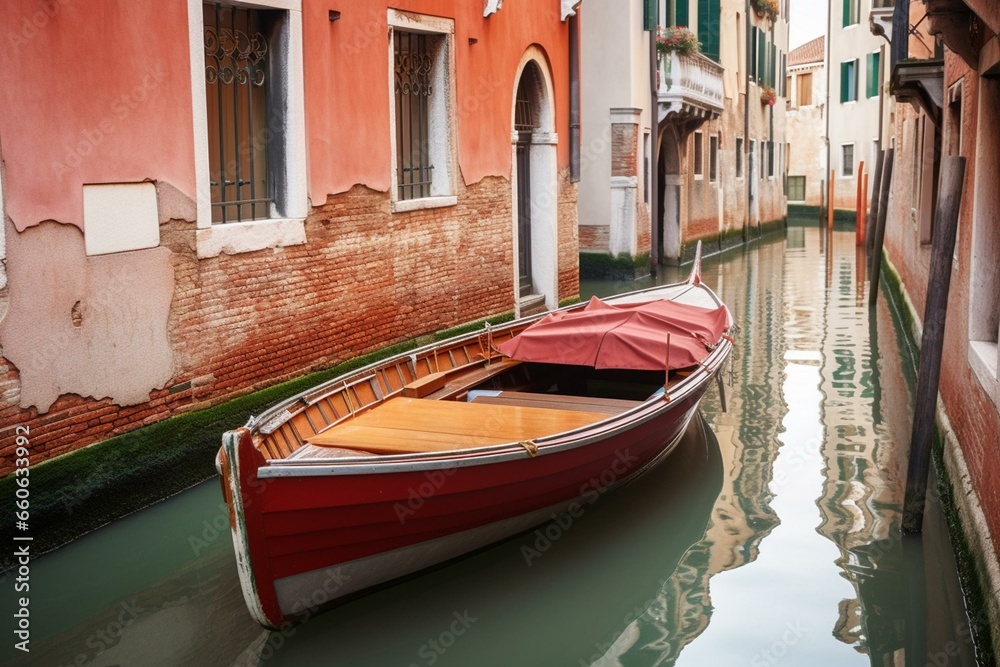 Traditional boat floating on Venice canal. Generative AI