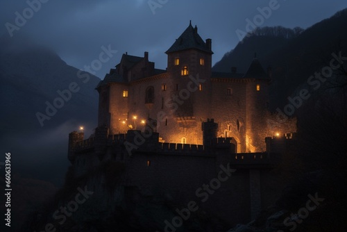 Mountainous castle with candlelit windows. Generative AI