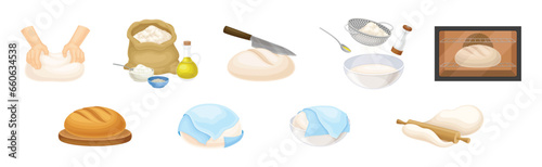 Kneading Dough for Bread Cooking and Preparation Vector Set