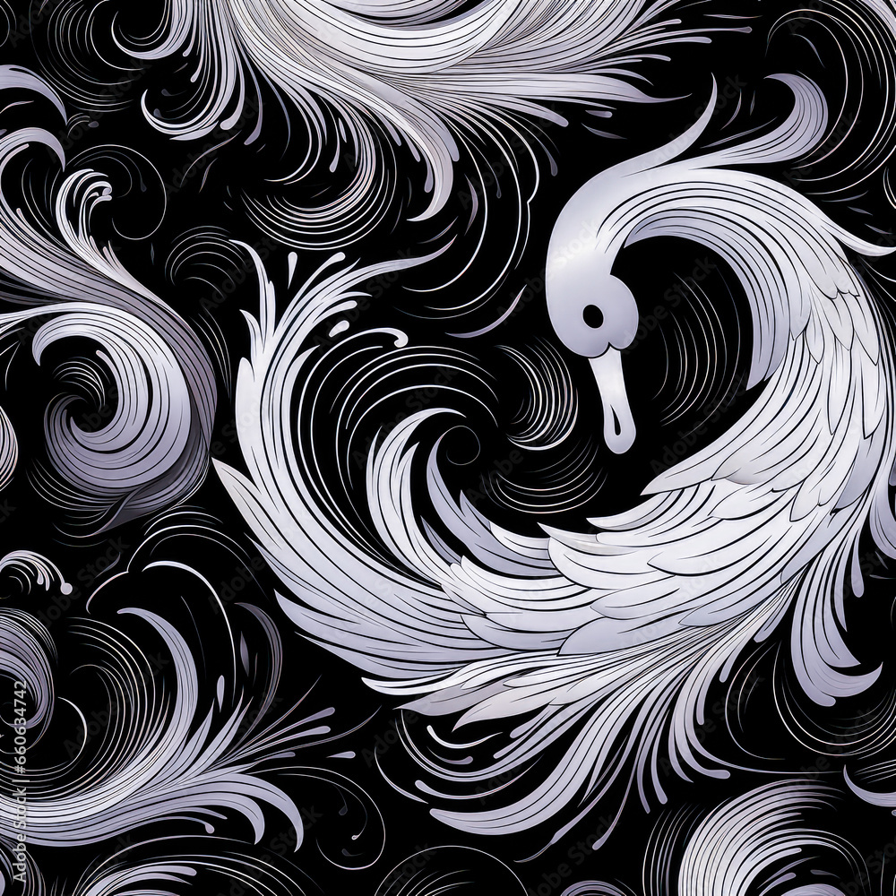 Fototapeta premium A beautiful elegant swan on a seamless modern wallpaper design with nature-inspired patterns