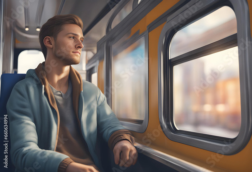 Pensive young man, happily gazing out the window during his morning commute on an urban light rail train, expressing gratitude © PhotoPhreak