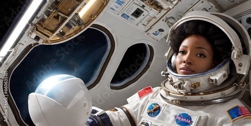 Fototapeta Naklejka Na Ścianę i Meble -  Afro woman astronaut in a space suit aboard the orbital station. A young female cosmonaut pilots a spaceship. Galactic travel and science concept. Banner