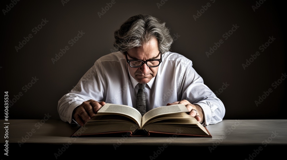 Close-up portrait of a man holding an open book and reading it. The concept of self-development and learning. Relaxing at a favorite activity. Illustration for cover, card, postcard, interior design. Close-up portrait of a man holding an open book and reading it. The concept of self-development and learning. Relaxing at a favorite activity. Illustration for cover, card, postcard, interior design.