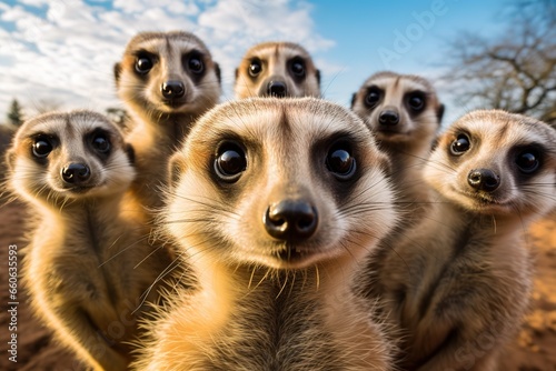 Lustige Erdmännchen posen vor der Kamera. Selfie von witzigen, neugierigen Erdmännchen. Große Augen und Aufregung in der niedlichen Gruppe.  © Marco