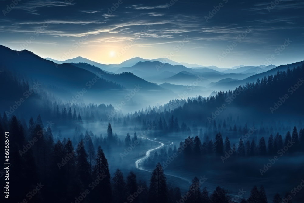 Fototapeta Mystical mysterious fog over the forest tops overlooking the mountains at sunset