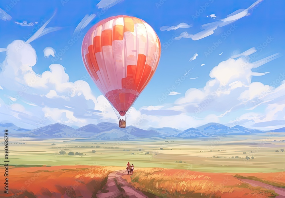 Obraz premium A bright hot air balloon flies over a beautiful landscape with plowed fields and forests on the horizon. The concept of motivation and inspiration for an active summer holiday. Illustration for design