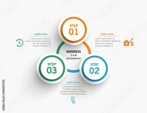 Modern business infographic template with 3 options or steps. Can be used for workflow layout, diagram, annual report, web design
