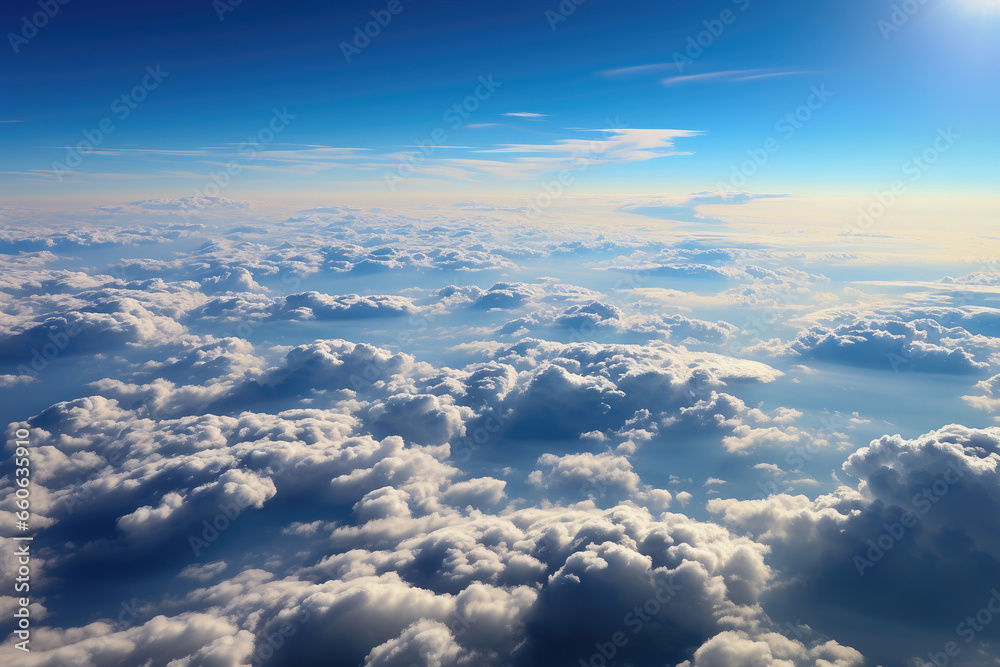 Serene aerial sky view. Cloud patterns. Tranquil atmosphere seen from above. Nature's high-altitude beauty.
