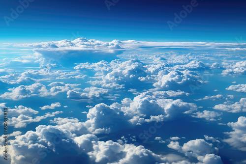 Awe-inspiring aerial sky. Cloud formations. Scenic view from above. Tranquil atmosphere in flight. 