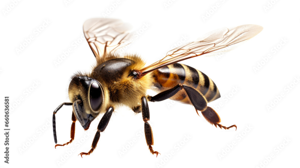 a bee is flying, isolated on transparent background, macro, generative AI a bee is flying, isolated on transparent background, macro, generative AI