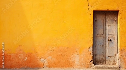 The dilapidated wall of the building and the wooden door require major repairs. Facade of a house with damaged plaster. Photophone for retro shooting. Illustration for cover, card, interior design.