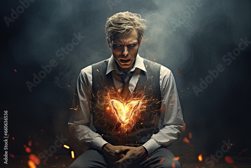 a young man experiences pain in the heart area and writhes in pain photo