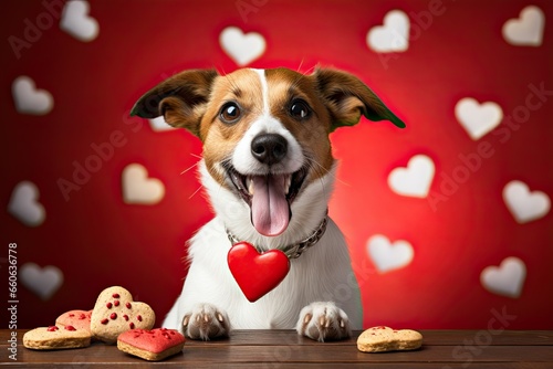 cute one dog jack Russell on the red background with a cookies heart. valentine's day concept. birthday card © Aksana