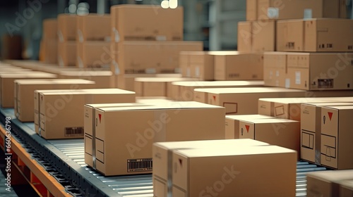 Cardboard boxes move along a conveyor belt in a warehouse. The concept of packaging, storage, distribution of orders in commercial activities. Illustration for advertising, marketing or presentation.