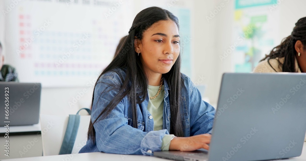 Woman, student and laptop for classroom education, e learning and studying or research in college. Young people typing on computer for university or school information, FAQ or scholarship application - obrazy, fototapety, plakaty 