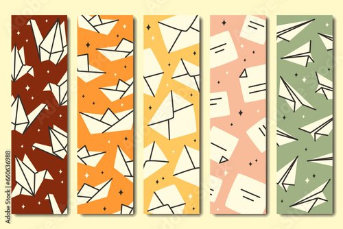 set of illustrated bookmarks for reading with paper planes, cranes, notes, boats, letters, in modern flat style, minimalism, warm colors