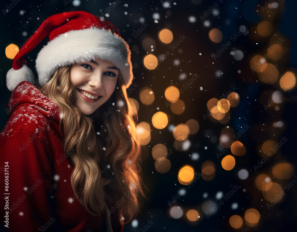 Portrait of happy attractive young blond woman with Christmas Santa hat, isolated on golden glitter sparkle bokeh background, snowflakes, copy space, Christmas and New Year banner