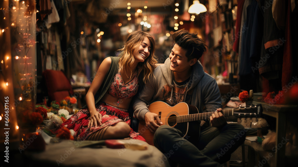 A couple enjoys quality time in casual attire, playing guitar
