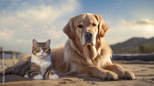 A dog and a cat enjoying a peaceful day at the beach