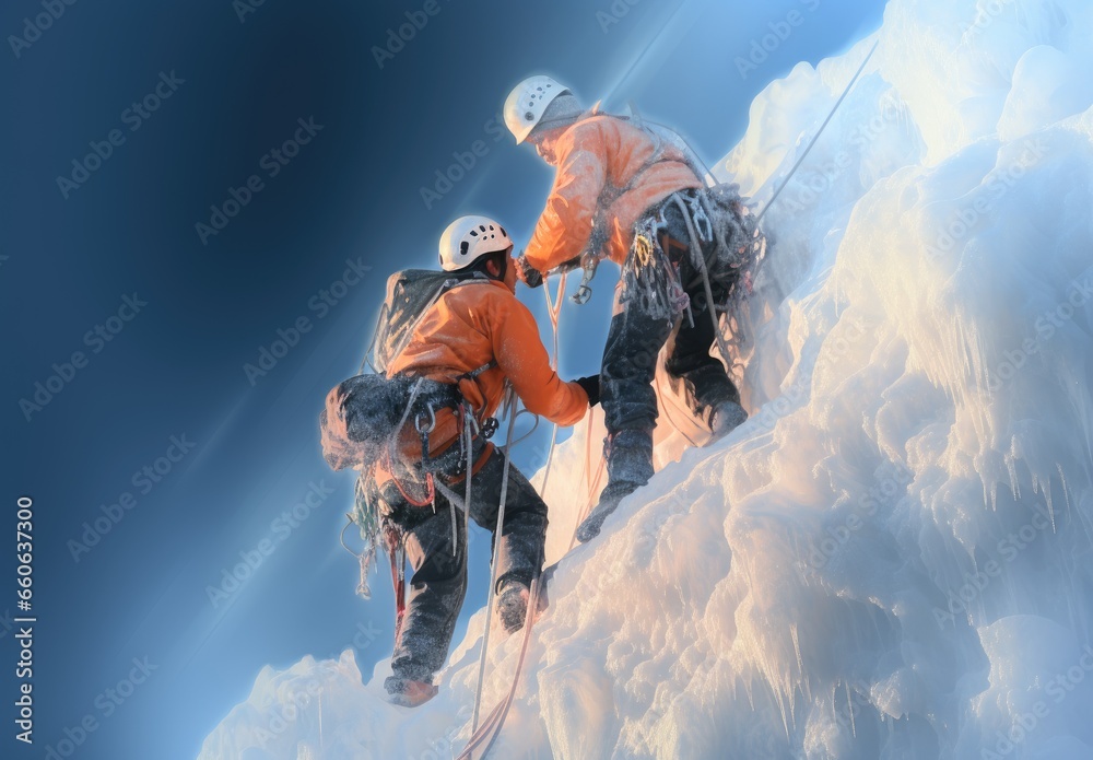 Two climbers climb to the top of a snowy mountain. Professional hiking. Climbing team. Tourism or sport life style concept. Illustration for cover, card, postcard, interior design, decor or print. - obrazy, fototapety, plakaty 