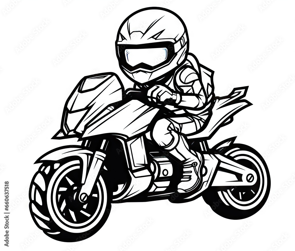  a black and white drawing of a person on a motorcycle.  generative ai