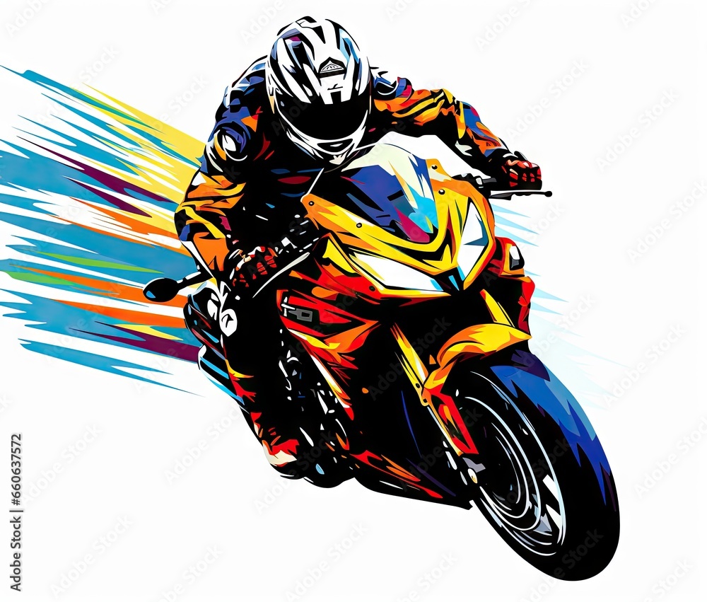  a person riding a motorcycle on a white background with colorful streaks.  generative ai