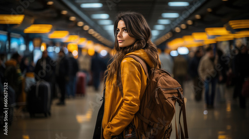 A female traveler with a backpack strolls through a bustling airport, eager for adventure. 