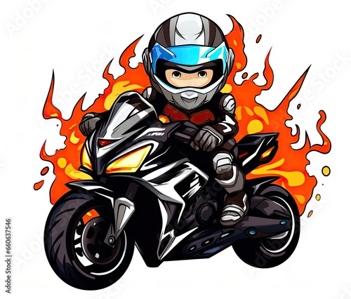  a person riding a motorcycle on a track with flames behind them. generative ai