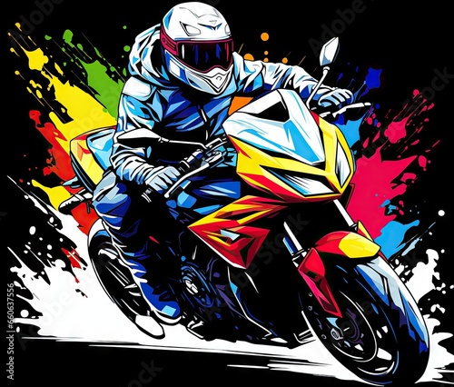  a person riding a motorcycle on a colorful background with paint splatters. generative ai