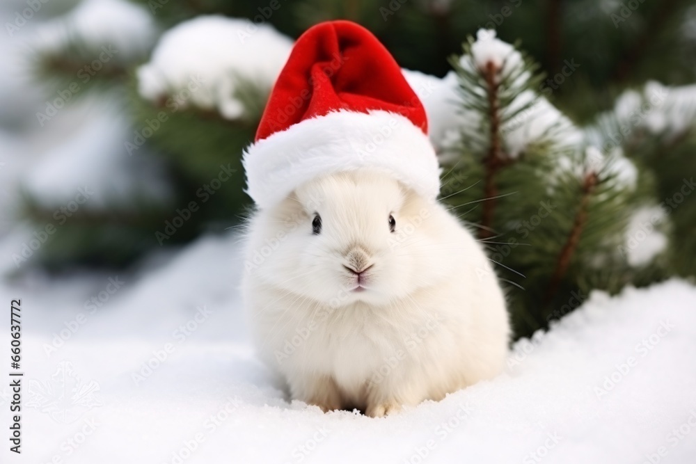 Cute little white rabbit with red Santa Claus hat on snowy background. Cute white rabbit with red santa hat on christmas background