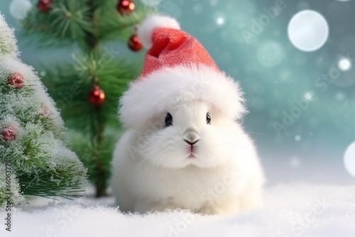 Cute little white rabbit with red Santa Claus hat on snowy background. Cute white rabbit with red santa hat on christmas background