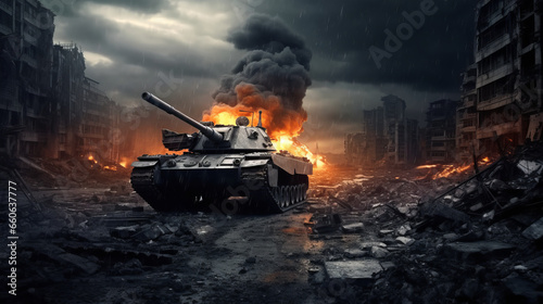 Armored tank crosses war-torn city generative ai