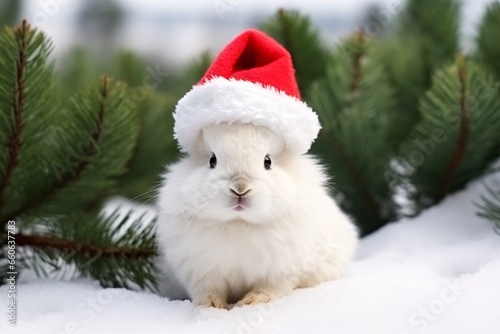 Cute little white rabbit with red Santa Claus hat on snowy background. Cute white rabbit with red santa hat on christmas background © vachom