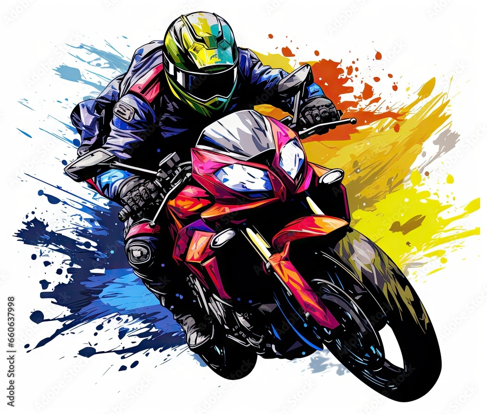  a person riding a motorcycle on a colorful background with splashes.  generative ai