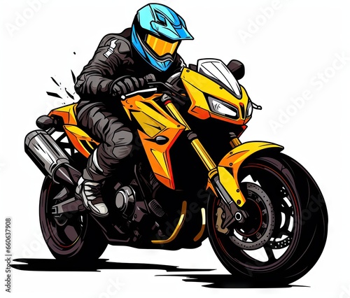  a man riding a yellow motorcycle on top of a white background. generative ai