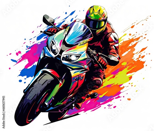  a person riding a motorcycle on a paint splattered background.  generative ai © Jevjenijs