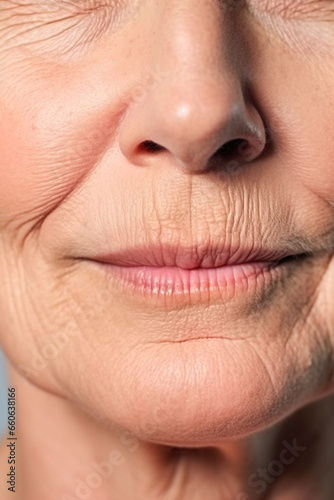 Close up of a mature woman's face with skin texture wrinkles. Cosmetic procedures for aging skin skin body care healthy lifestyle concept photo