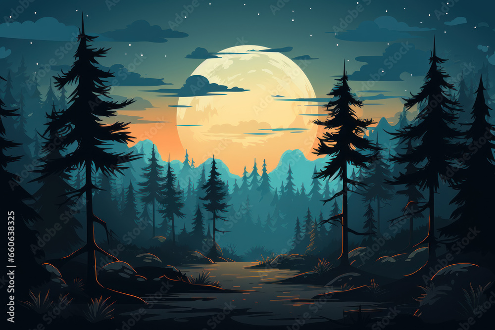 Mystical mysterious fog in the forest and mountains at sunset, illustration