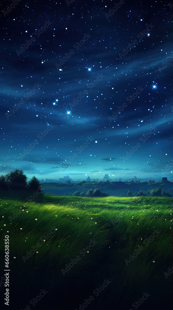 a peaceful open field, Dark night filled with stars, generative ai 
