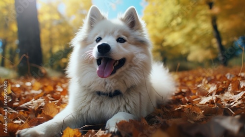 A white dog resting on a colorful bed of autumn leaves