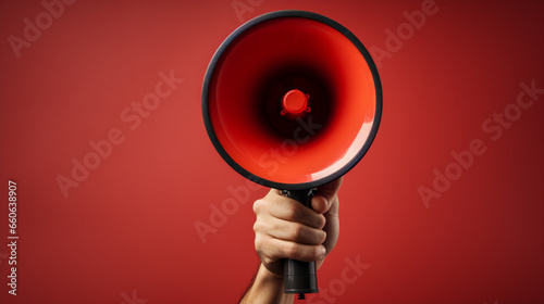 Hand holding megaphone on background, copy space