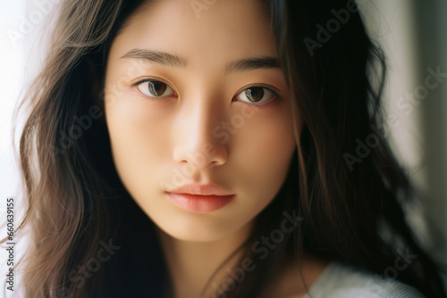 Close up portrait of young japanese woman, indoor, generative ai  © vvalentine